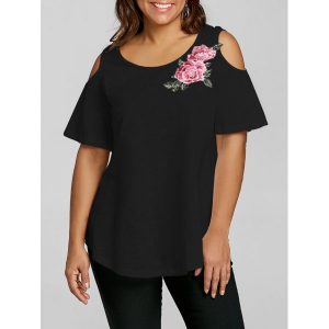 Plus Size Embroidery Appliqued Open Shoulder T-shirt - Black