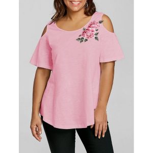 Plus Size Embroidery Appliqued Open Shoulder T-shirt - Light Pink