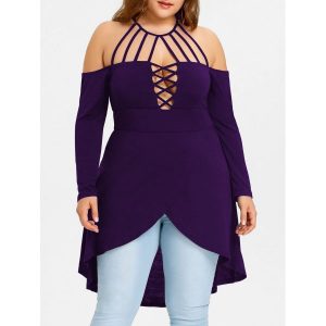 Plus Size Dip Hem Strappy Tunic Tee - Purple