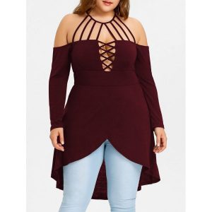 Plus Size Dip Hem Strappy Tunic Tee - Wine Red