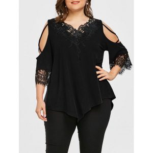 Plus Size Appliqued V Neck Cold Shoulder T-shirt - Black