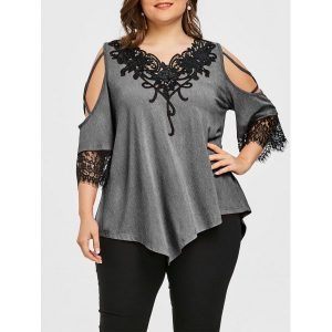 Plus Size Appliqued V Neck Cold Shoulder T-shirt - Dark Heather Gray