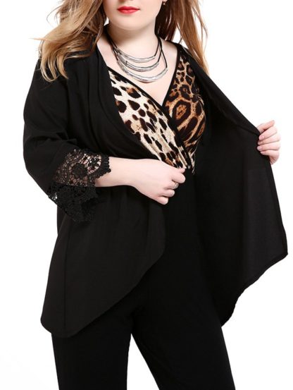 Lace Panel Plus Size Cardigan - Black