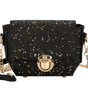 Girl Sequins Chain Small Square Package Wild Shoulder Messenger Bag - Black