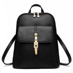 Women's Backpack Solid Faux Leather Litchi Stria Zipper Trendy Bag - Black