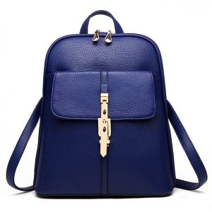 Women's Backpack Solid Faux Leather Litchi Stria Zipper Trendy Bag - Midnight Blue