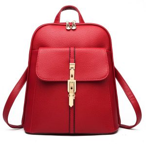 Women's Backpack Solid Faux Leather Litchi Stria Zipper Trendy Bag - Red Wine