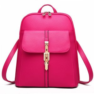 Women's Backpack Solid Faux Leather Litchi Stria Zipper Trendy Bag - Rogue Pink