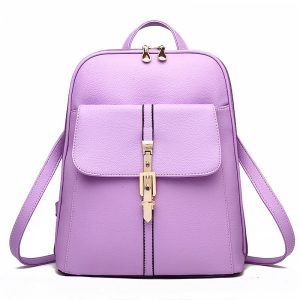 Women's Backpack Solid Faux Leather Litchi Stria Zipper Trendy Bag - Purple Mimosa