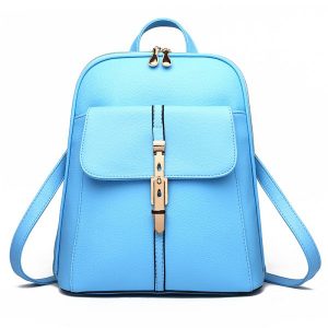 Women's Backpack Solid Faux Leather Litchi Stria Zipper Trendy Bag - Baby Blue