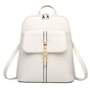 Women's Backpack Solid Faux Leather Litchi Stria Zipper Trendy Bag - White