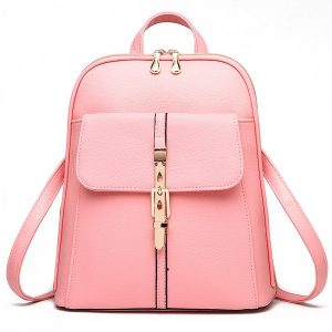 Women's Backpack Solid Faux Leather Litchi Stria Zipper Trendy Bag - Pink