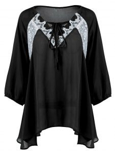 Plus Size Lace Insert Tie Front Tunic Blouse - Black