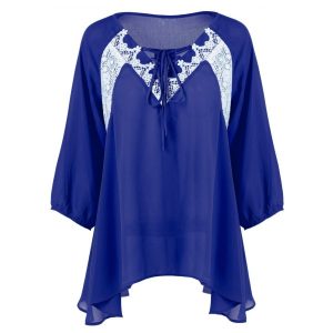 Plus Size Lace Insert Tie Front Tunic Blouse - Blue