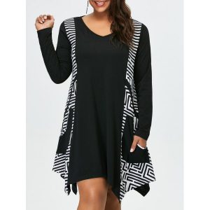 Plus Size Long Sleeve Asymmetrical Tee Dress with Pockets - White and Black