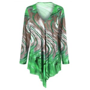 Asymmetrical Plus Size Tie Dye Tee - Green + Brown