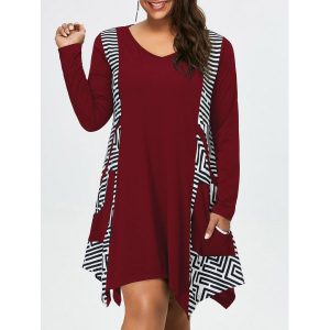 Plus Size Long Sleeve Asymmetrical Tee Dress with Pockets - Deep Red