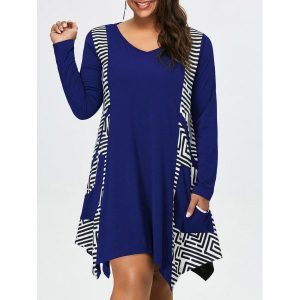 Plus Size Long Sleeve Asymmetrical Tee Dress with Pockets - Blue