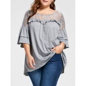 Plus Size Lace Yoke Frill Tunic Top - Light Gray