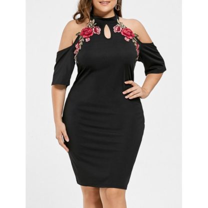 Embroidered Cold Shoulder Keyhole Plus Size Dress