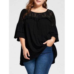 Plus Size Lace Yoke Frill Tunic Top - Black