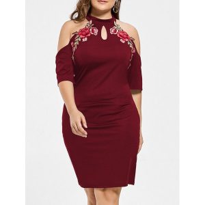 Embroidered Cold Shoulder Keyhole Plus Size Dress - Wine Red