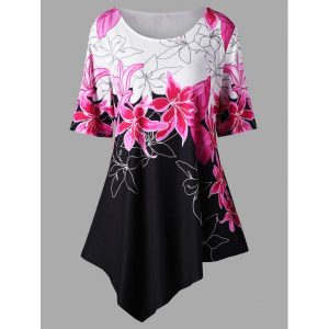 Plus Size Floral Longline Asymmetric T-shirt - Colormix