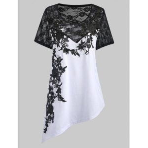 Lace Insert Plus Size Slant Asymmetric T-shirt - White