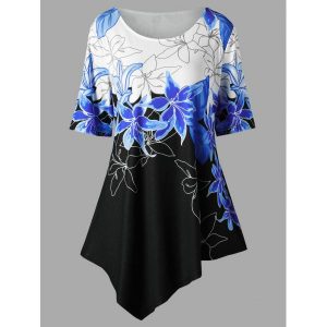 Plus Size Floral Longline Asymmetric T-shirt - Blue