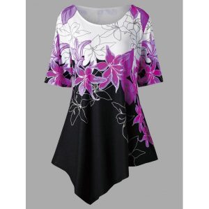 Plus Size Floral Longline Asymmetric T-shirt - Purple