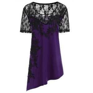 Lace Insert Plus Size Slant Asymmetric T-shirt - Purple Jam