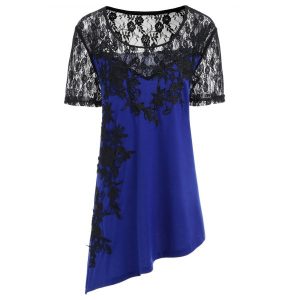 Lace Insert Plus Size Slant Asymmetric T-shirt - Royal Blue