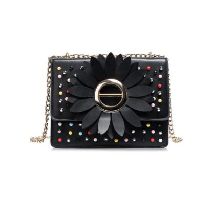 Sun Flower Beaded Embellished Shoulder Bag - Black