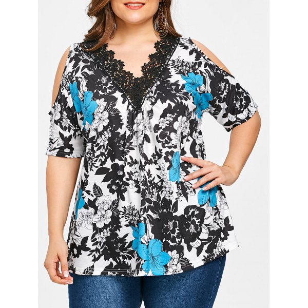 Lace Collar Plus Size Floral Print T-shirt - Big and Sexy Sportswear