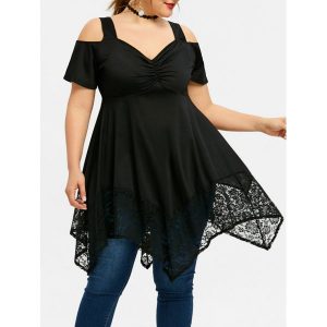 Plus Size Lace Open Shoulder Handkerchief Top - Black