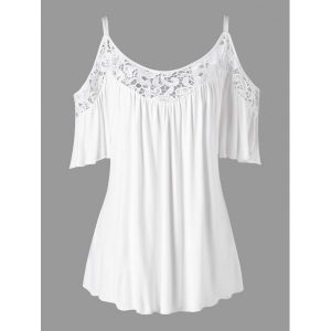 Plus Size Cold Shoulder Lace Insert Blouse - White