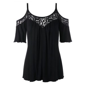 Plus Size Cold Shoulder Lace Insert Blouse - Black