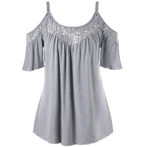 Plus Size Cold Shoulder Lace Insert Blouse - Gray