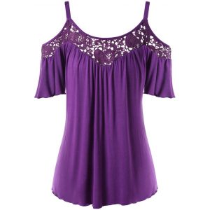 Plus Size Cold Shoulder Lace Insert Blouse - Purple