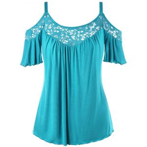 Plus Size Cold Shoulder Lace Insert Blouse - Blue Green