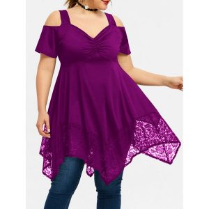 Plus Size Lace Open Shoulder Handkerchief Top - Dark Orchid