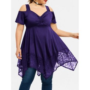 Plus Size Lace Open Shoulder Handkerchief Top - Purple