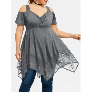 Plus Size Lace Open Shoulder Handkerchief Top - Gray