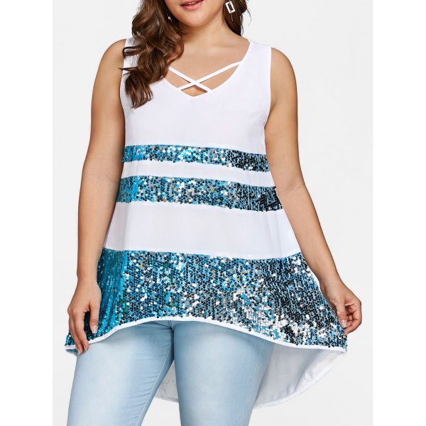 Plus Size Criss Criss Sequin Tank Top - White - Big and Sexy Sportswear