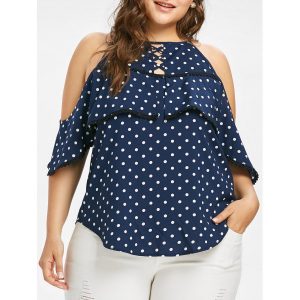 Plus Size Cut Out Polka Dot Top - Deep Blue