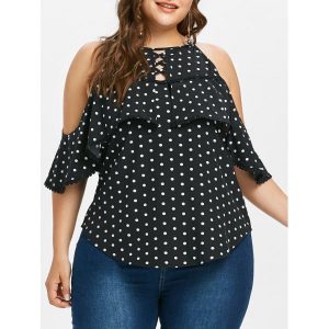 Plus Size Cut Out Polka Dot Top - Black