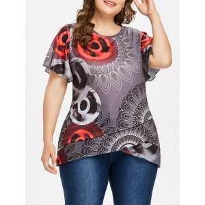 Print Plus Size Flutter Sleeve Overlap T-shirt - Gray