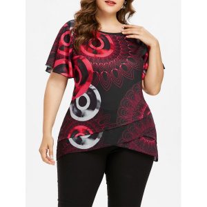 Print Plus Size Flutter Sleeve Overlap T-shirt - Black