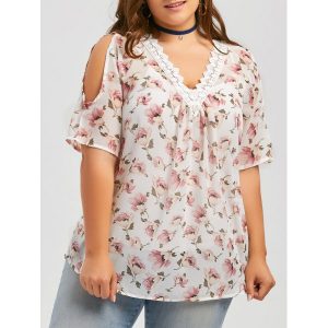 Plus Size Deep V Neck Chiffon Floral Top with Lace Trim - White