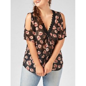 Plus Size Deep V Neck Chiffon Floral Top with Lace Trim - Black